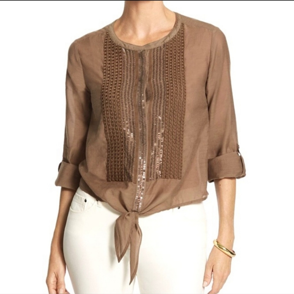 NWT Chico’s Cara Sequin Sparkle Tie Front Blouse Size 2/Large